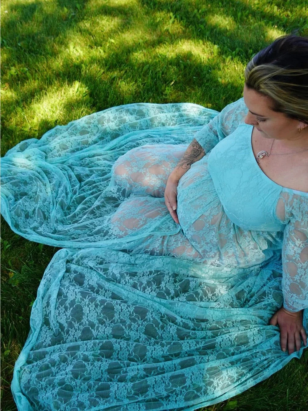 Pinkblush Light Blue Lace Maxi Dress with Long Sheer Sleeves - Picture 1 of 5